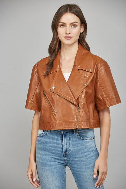 Notch Lapel Collar Short Sleeve Faux Leather Jacket