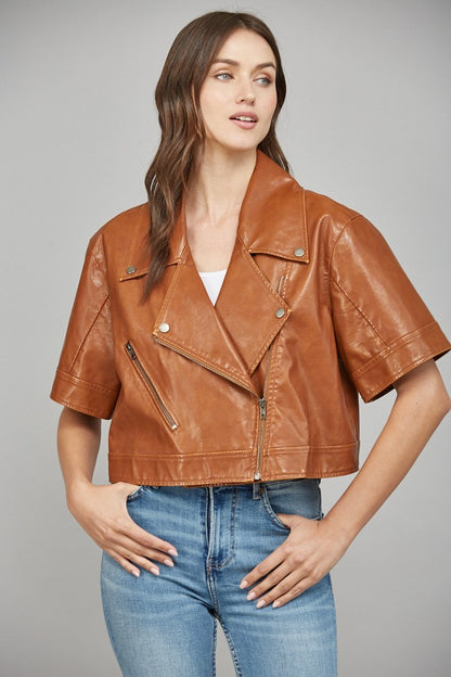 Notch Lapel Collar Short Sleeve Faux Leather Jacket