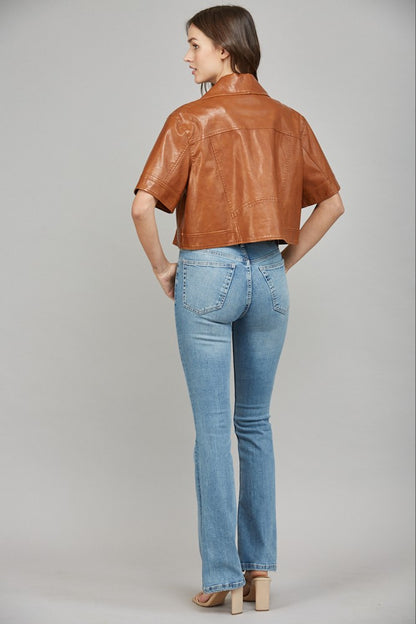 Notch Lapel Collar Short Sleeve Faux Leather Jacket