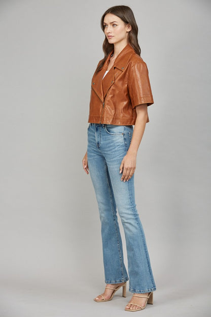 Notch Lapel Collar Short Sleeve Faux Leather Jacket