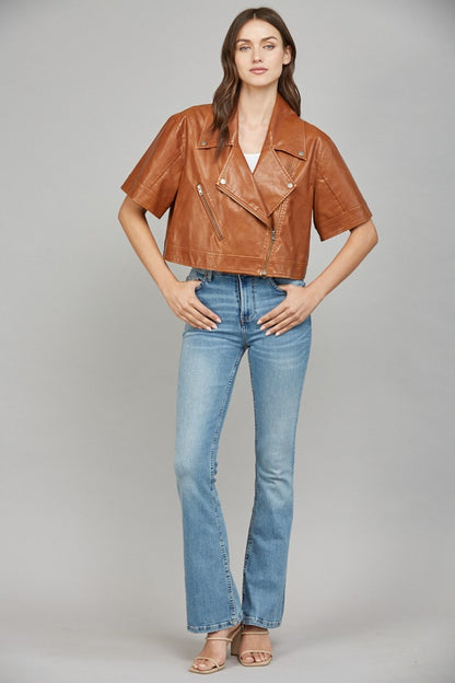 Notch Lapel Collar Short Sleeve Faux Leather Jacket