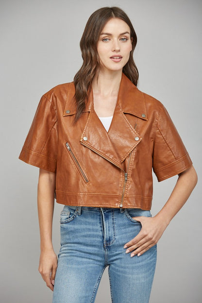 Notch Lapel Collar Short Sleeve Faux Leather Jacket