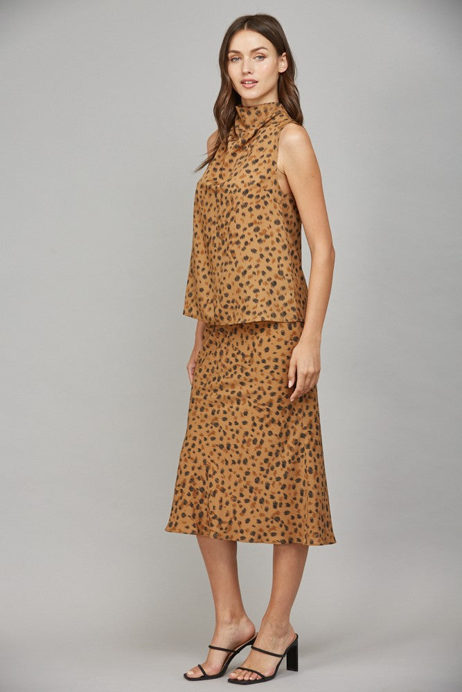 Leopard High Cowl Neck Sleeveless Blouse