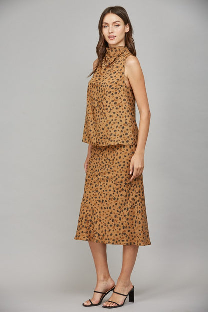 Leopard High Cowl Neck Sleeveless Blouse