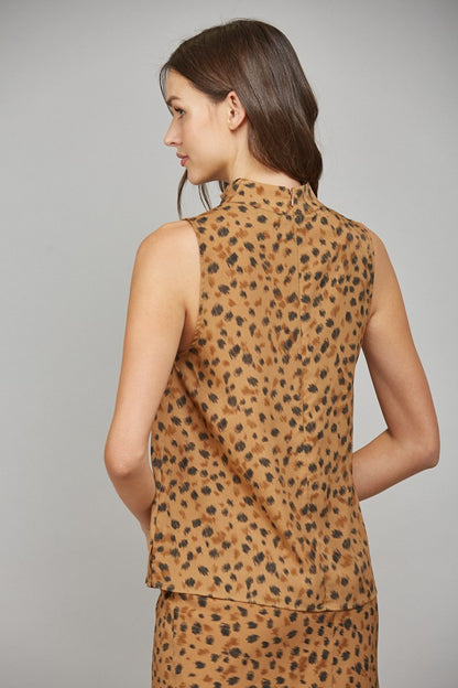 Leopard High Cowl Neck Sleeveless Blouse