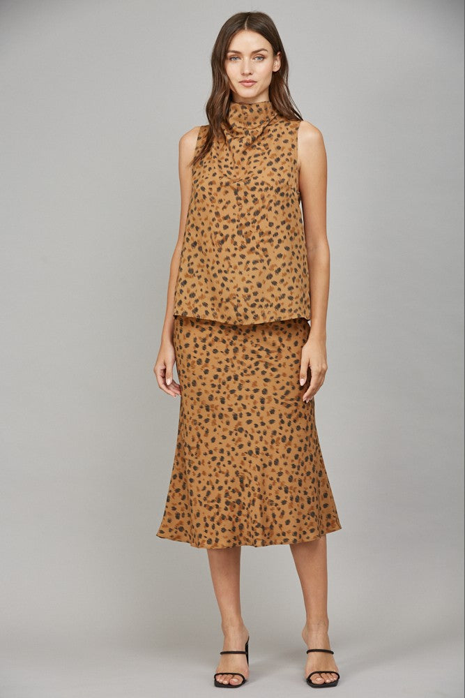 Leopard High Cowl Neck Sleeveless Blouse