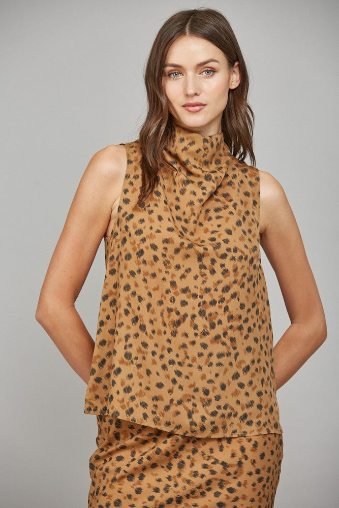 Leopard High Cowl Neck Sleeveless Blouse