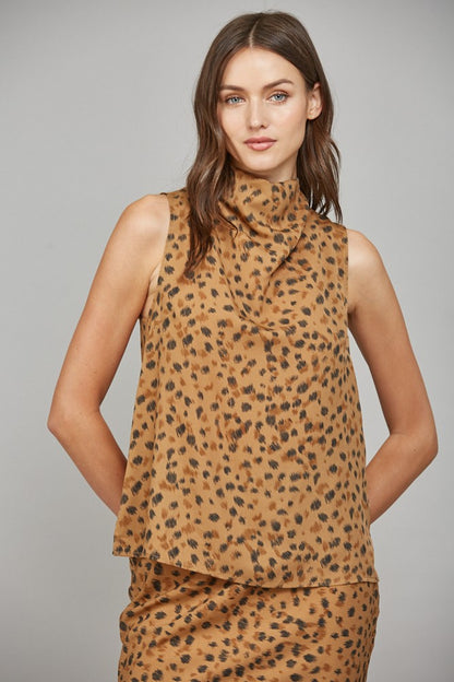 Leopard High Cowl Neck Sleeveless Blouse