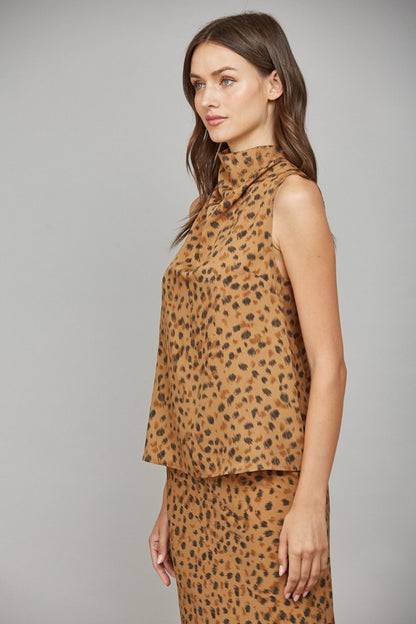 Leopard High Cowl Neck Sleeveless Blouse