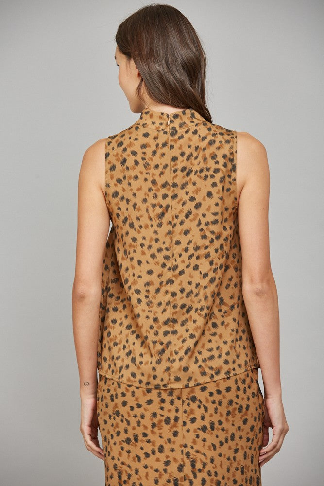 Leopard High Cowl Neck Sleeveless Blouse