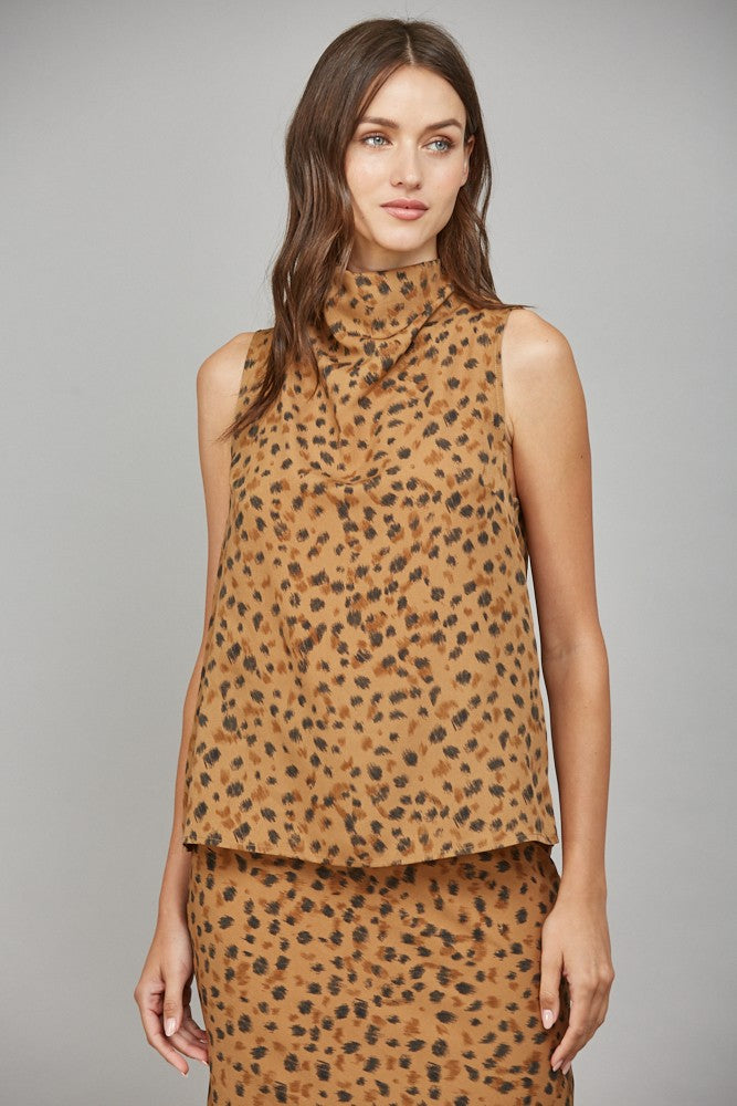 Leopard High Cowl Neck Sleeveless Blouse