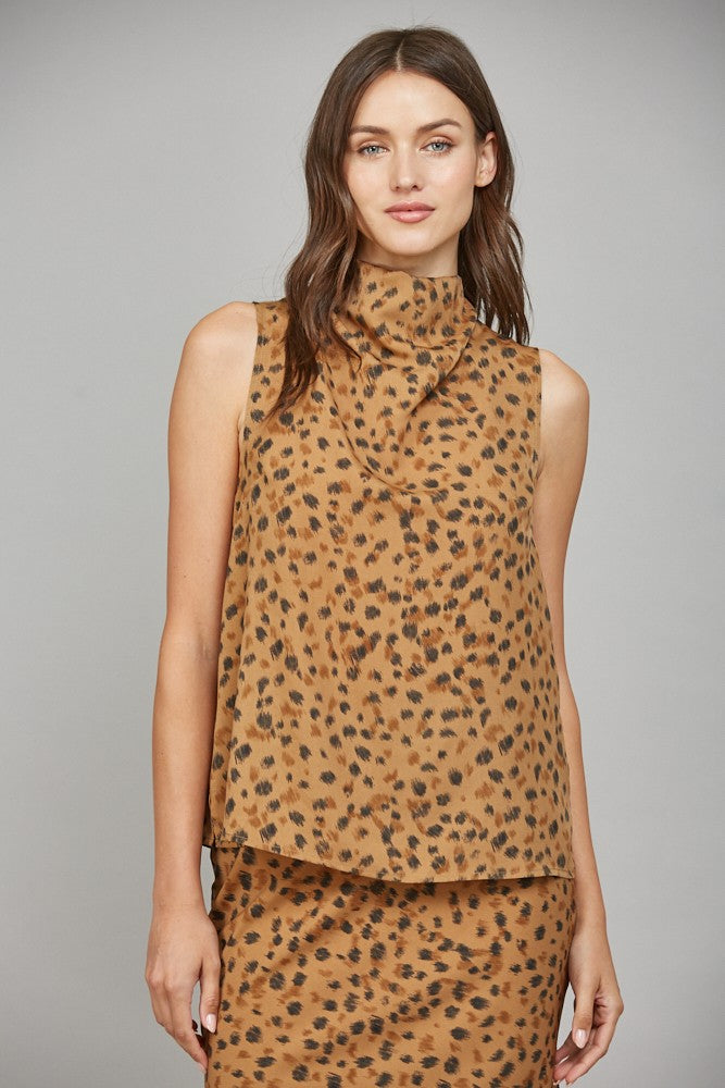 Leopard High Cowl Neck Sleeveless Blouse