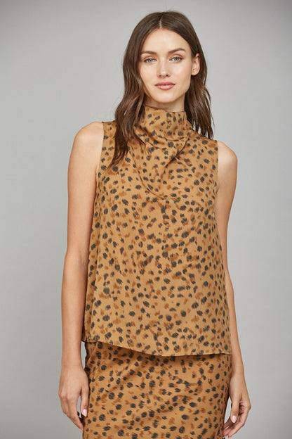 Leopard High Cowl Neck Sleeveless Blouse