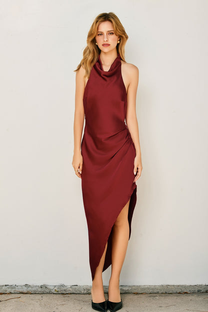 satin cowl halter neck diagonal hem dress