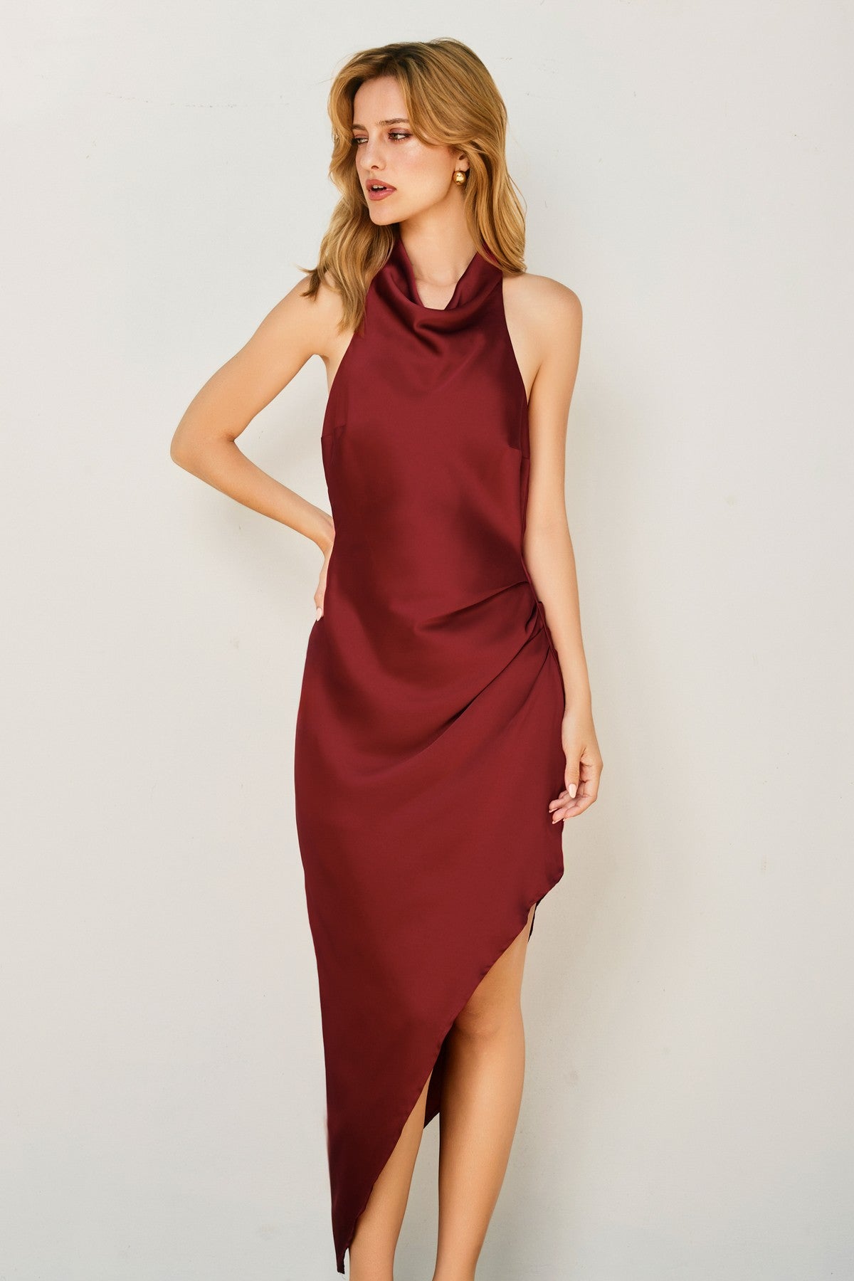 satin cowl halter neck diagonal hem dress