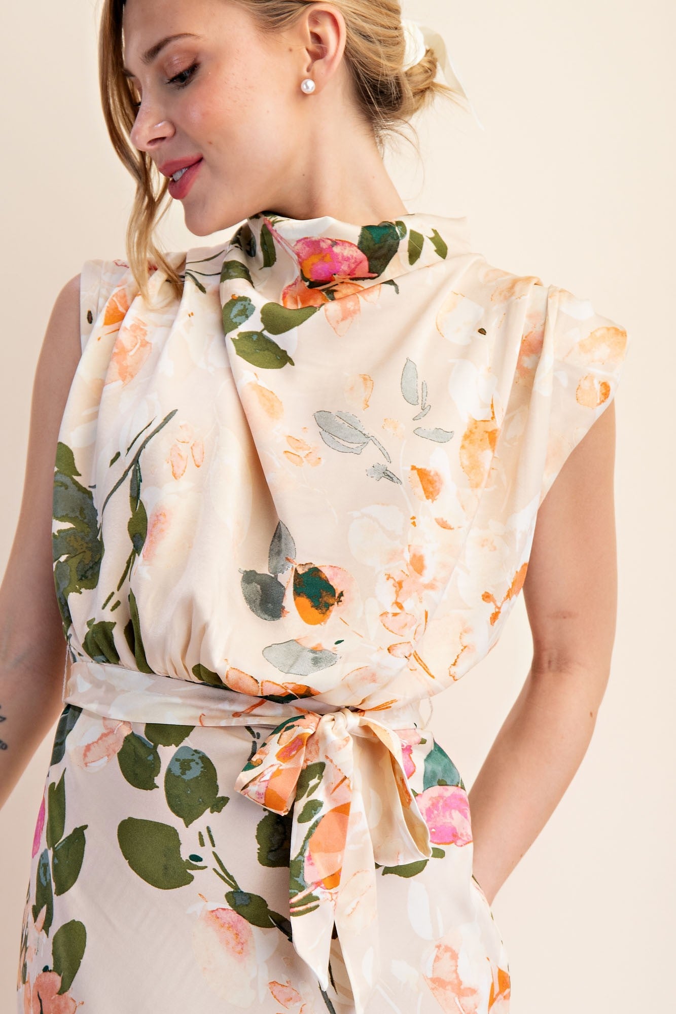 floral mock neck sleeveless midi dress