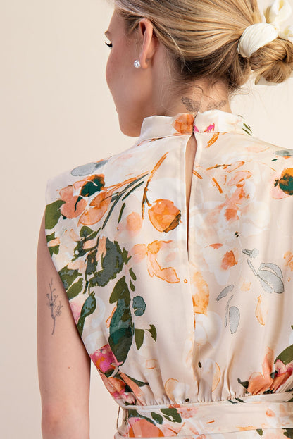 floral mock neck sleeveless midi dress