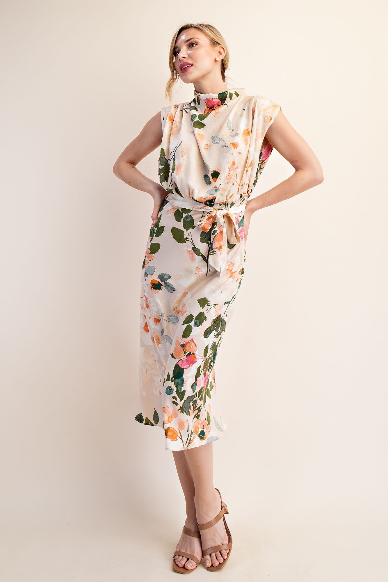 floral mock neck sleeveless midi dress