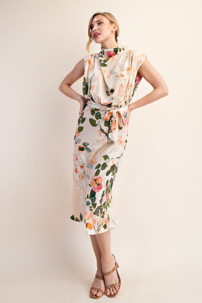 floral mock neck sleeveless midi dress
