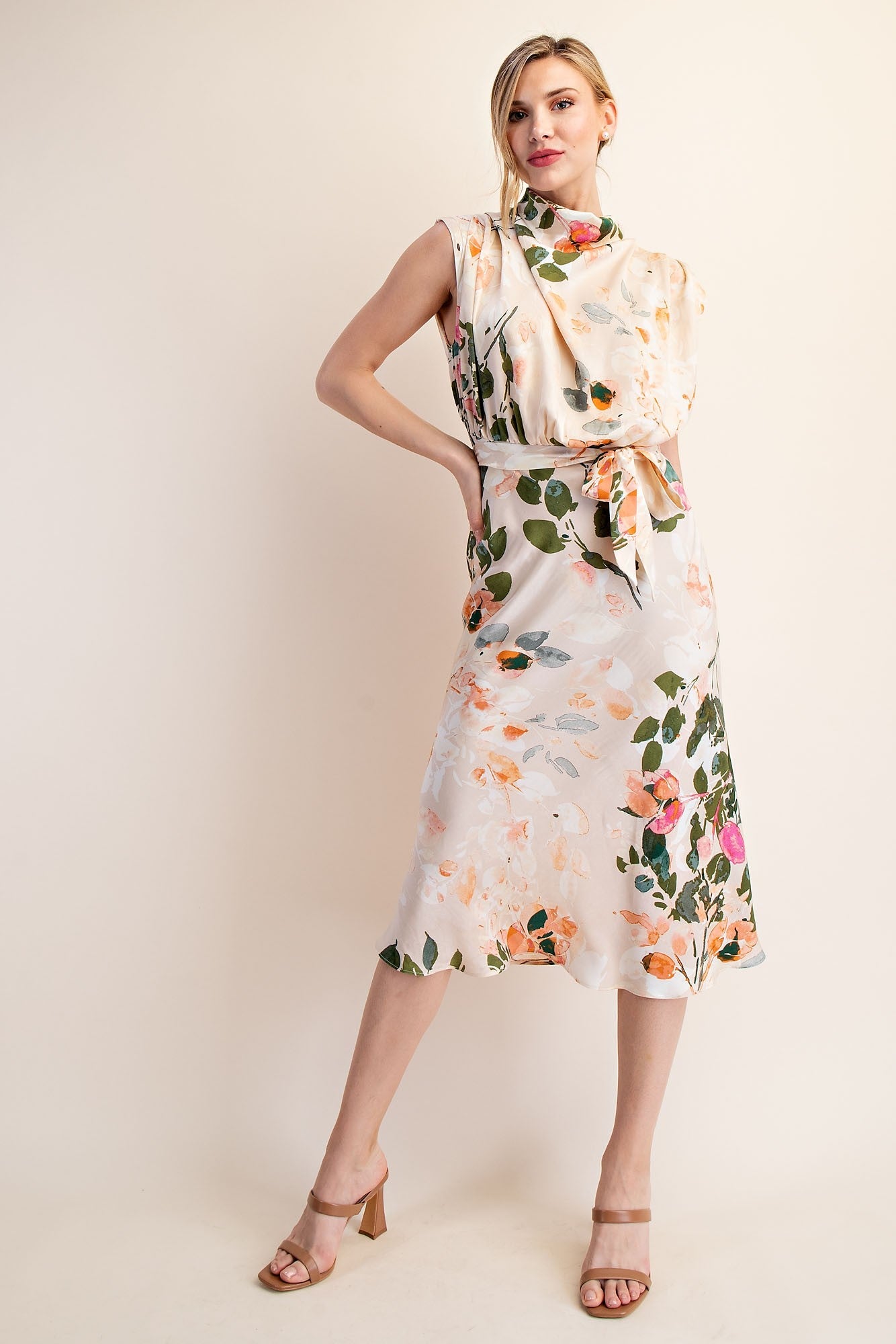 floral mock neck sleeveless midi dress