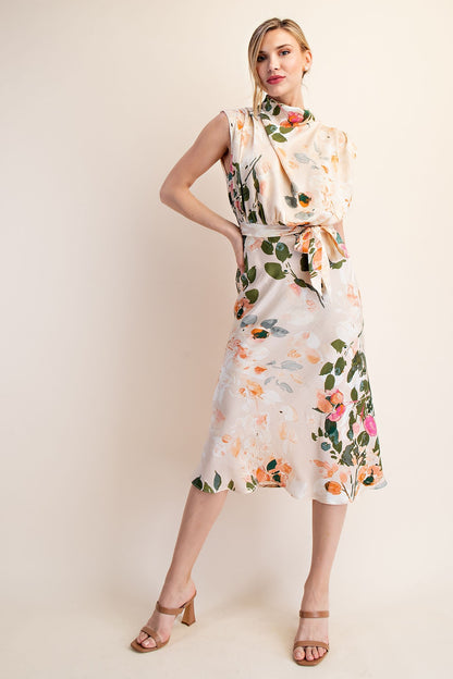 floral mock neck sleeveless midi dress
