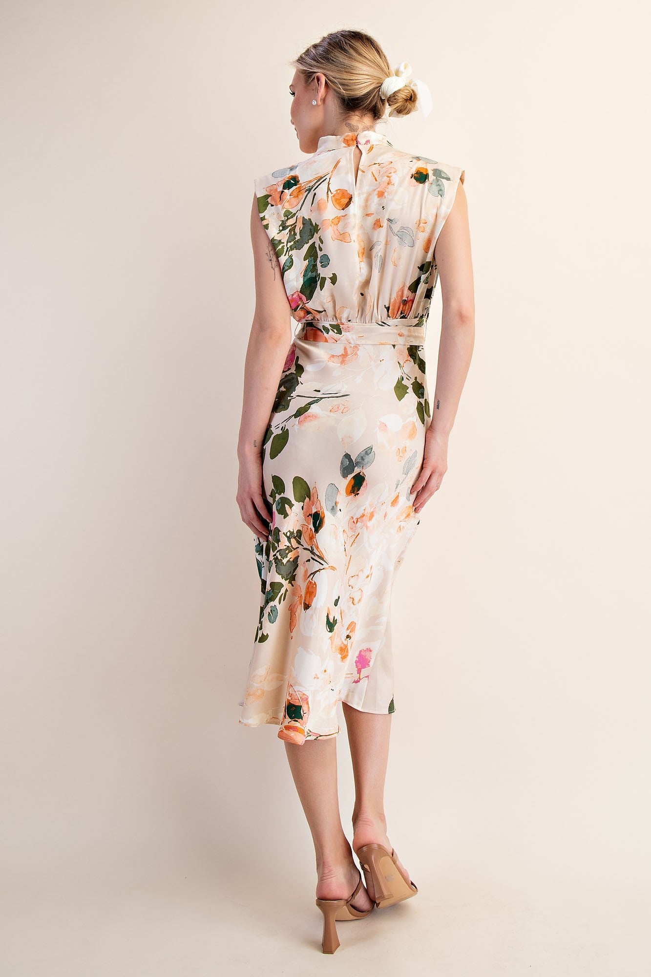 floral mock neck sleeveless midi dress