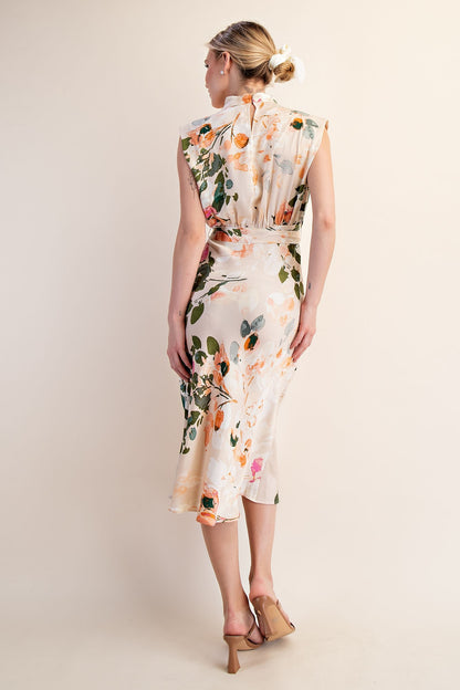 floral mock neck sleeveless midi dress