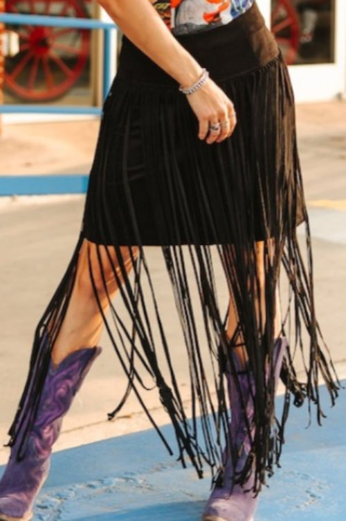 Stretch Suede Long Fringe Skirt