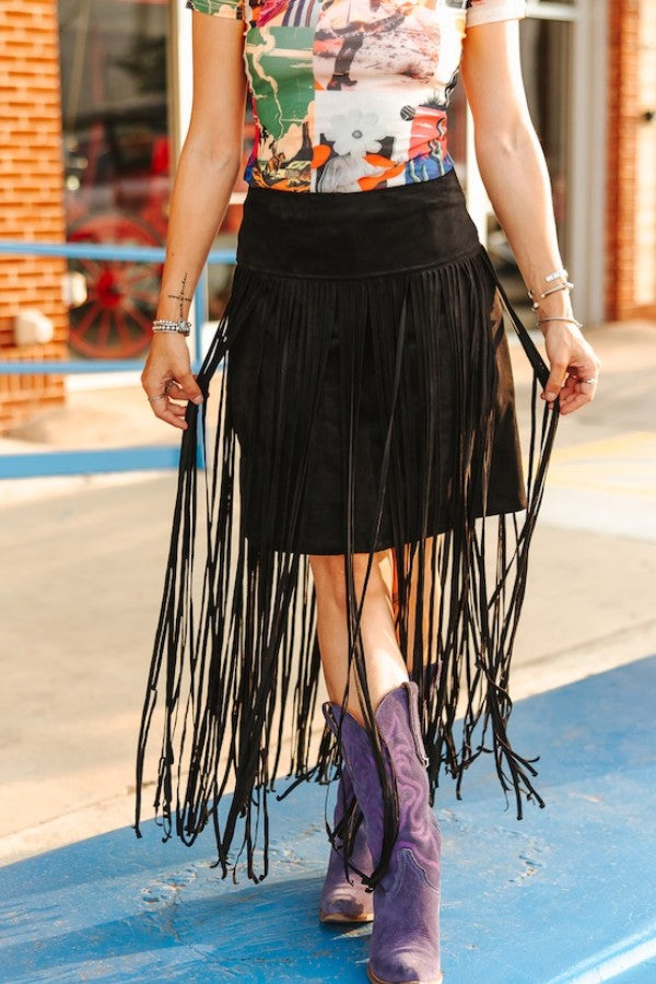 Stretch Suede Long Fringe Skirt