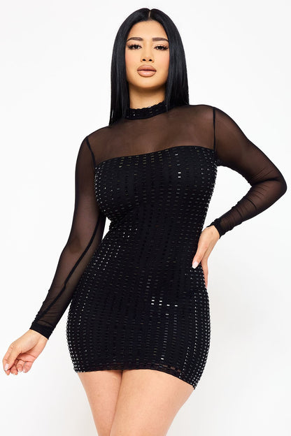 Rectangle Rhinestone Long Sleeve Mesh Dress