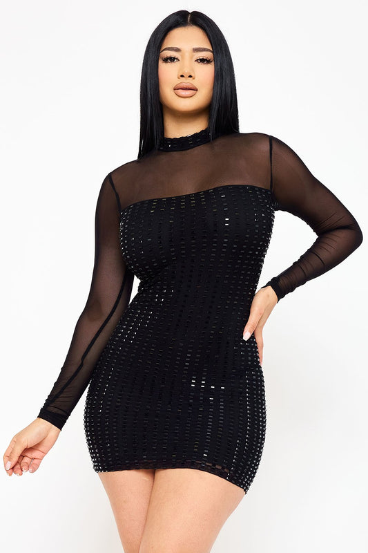 Rectangle Rhinestone Long Sleeve Mesh Dress