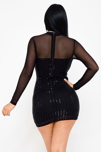 Rectangle Rhinestone Long Sleeve Mesh Dress