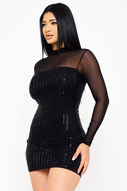 Rectangle Rhinestone Long Sleeve Mesh Dress