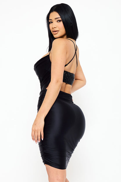 Rectangle Rhinestone On Satin Mini Dress