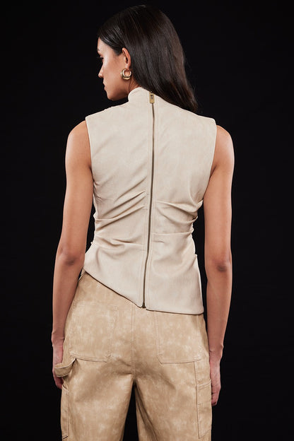 Asymmetric Faux Leather Mock Neck Sleeveless Top