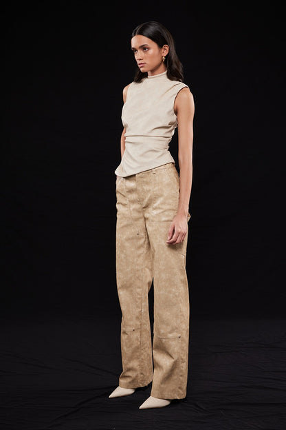 Asymmetric Faux Leather Mock Neck Sleeveless Top