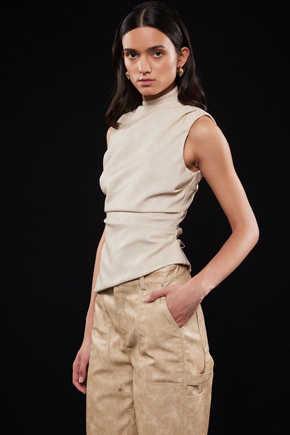 Asymmetric Faux Leather Mock Neck Sleeveless Top