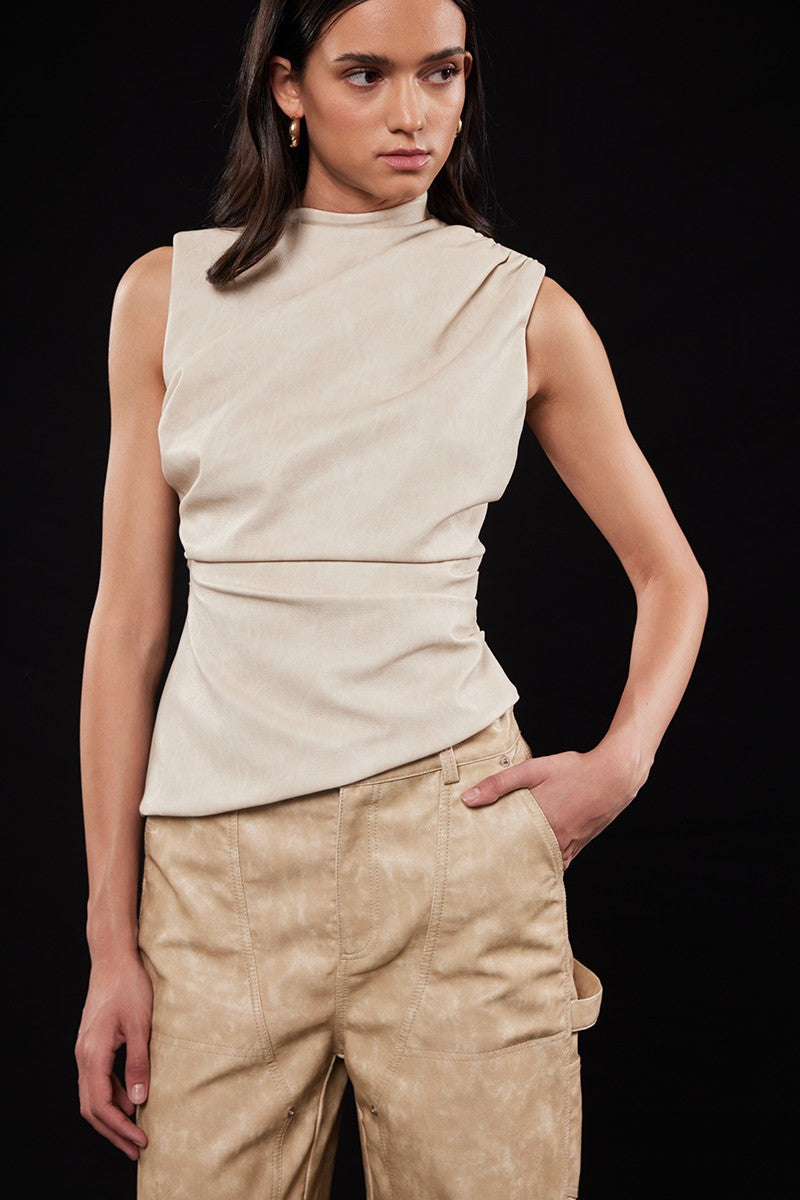 Asymmetric Faux Leather Mock Neck Sleeveless Top