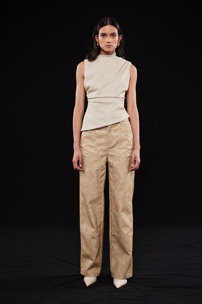 Asymmetric Faux Leather Mock Neck Sleeveless Top