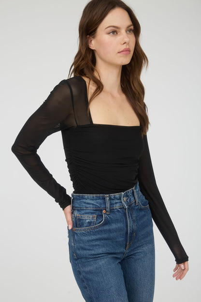 Ruched Waist Square Neck Long Sleeve Top