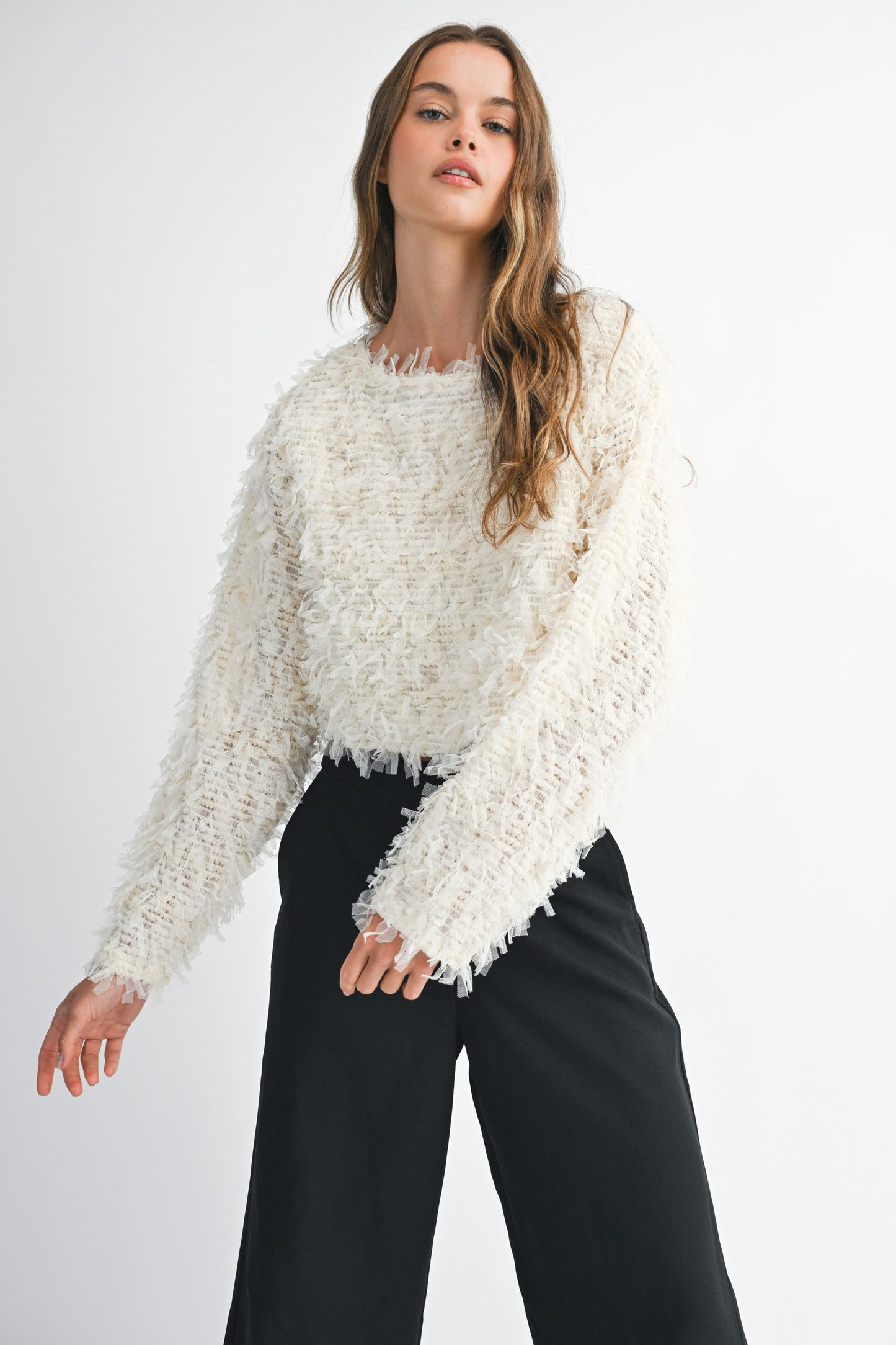 cropped long sleeve shag top