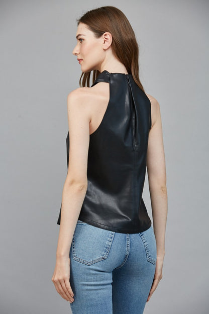 Faux Leather Crisscross Neckline Sleeveless Top