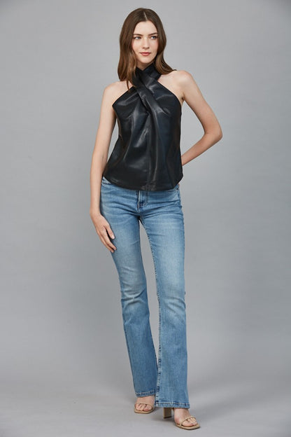 Faux Leather Crisscross Neckline Sleeveless Top