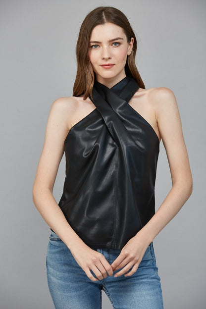 Faux Leather Crisscross Neckline Sleeveless Top