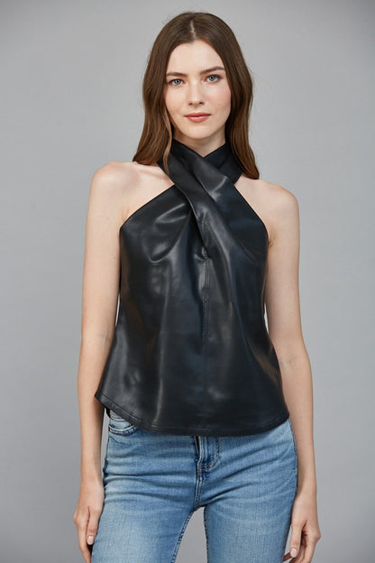 Faux Leather Crisscross Neckline Sleeveless Top