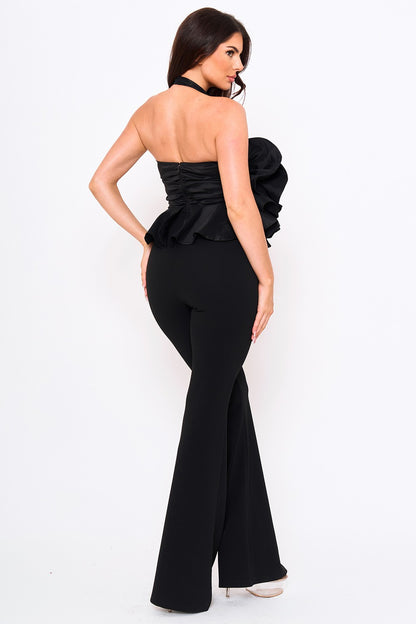 ruffle flower halter flare jumpsuit