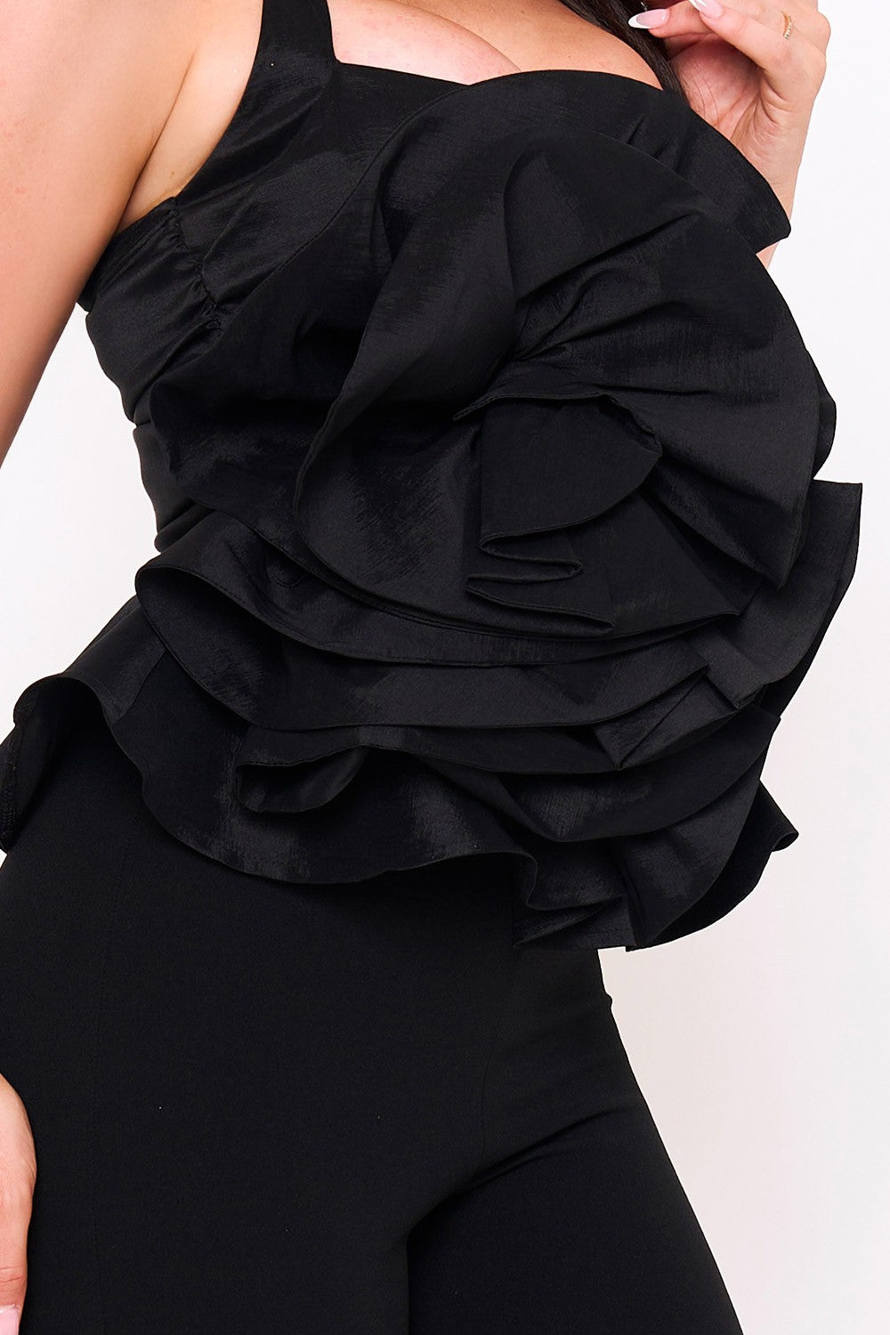 ruffle flower halter flare jumpsuit