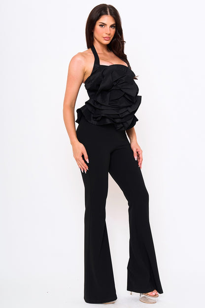 ruffle flower halter flare jumpsuit