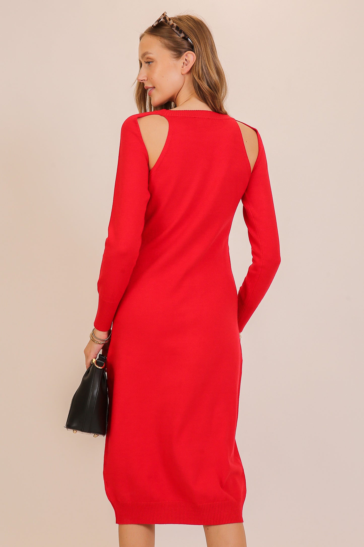 Cutout Shoulder Knit Long Sleeve Midi Dress