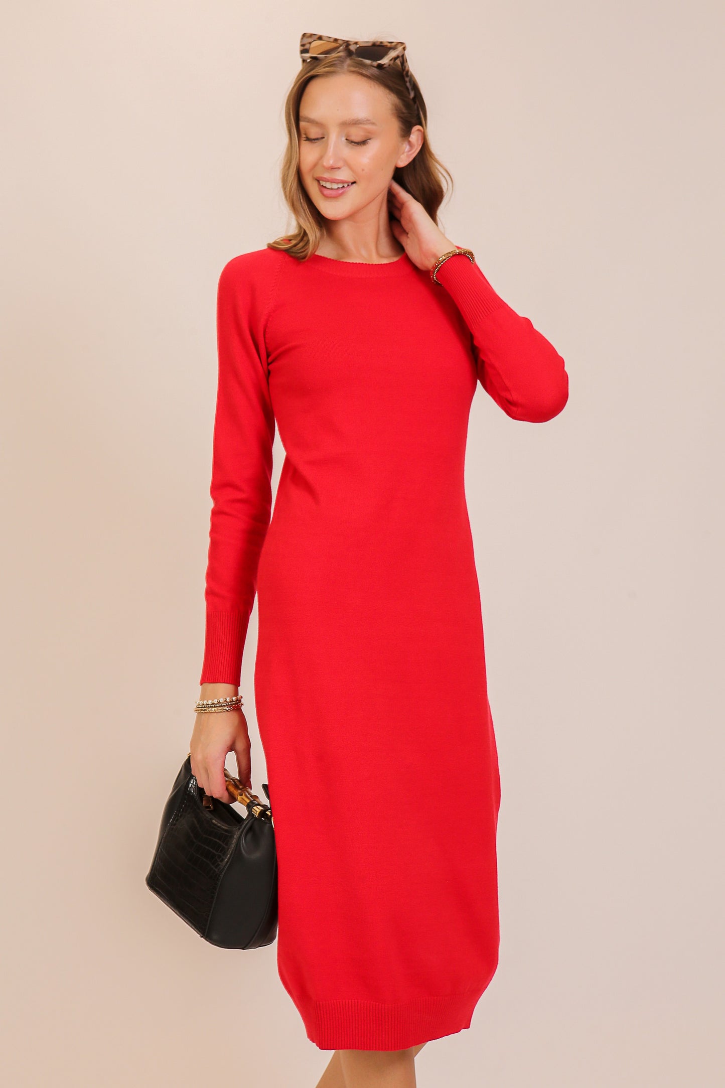 Cutout Shoulder Knit Long Sleeve Midi Dress